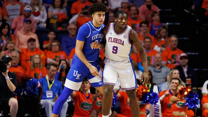 Feb 14, 2026; Gainesville, Florida, USA; Florida Gators center Rueben Chinyelu (9) posts up against Kentucky Wildcats center Malachi Moreno (24) during the first half at Exactech Arena at the Stephen C. O'Connell Center. Mandatory Credit: Matt Pendleton-Imagn Images Feb 14, 2026; Gainesville, Florida, USA; Florida Gators center Rueben Chinyelu (9) posts up against Kentucky Wildcats center Malachi Moreno (24) during the first half at Exactech Arena at the Stephen C. O'Connell Center. Mandatory Credit: Matt Pendleton-Imagn Images