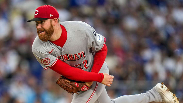 Cincinnati Reds starting pitcher Zack Littell (52) throws a pitch in the first inning of the MLB National League Wild Card Game 2 between the Los Angeles Dodgers and the Cincinnati Reds at Dodger Stadium in Los Angeles on Wednesday, Oct. 1, 2025. The Reds were eliminated from the postseason with an 8-4 loss to the reining World Series Champions La Dodgers.