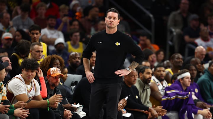 Dec 23, 2025; Phoenix, Arizona, USA; Los Angeles Lakers head coach JJ Redick against the Phoenix Suns at Mortgage Matchup Center. Mandatory Credit: Mark J. Rebilas-Imagn Images