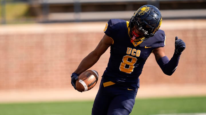 UCO's Terrill Davis (8) celebrates a touchdown in the first half of the college football game between the University of Oklahoma Bronchos and the Emporia State Hornets at Chad Richison Stadium in Edmond, Okla., Saturday, Nov. 16, 2024.