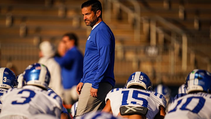 Nov 8, 2025; East Hartford, Connecticut, USA; Duke Blue Devils head coach Manny Diaz on the field for warm up before the start of the game against the UConn Huskies at Pratt & Whitney Stadium at Rentschler Field. Mandatory Credit: David Butler II-Imagn Images