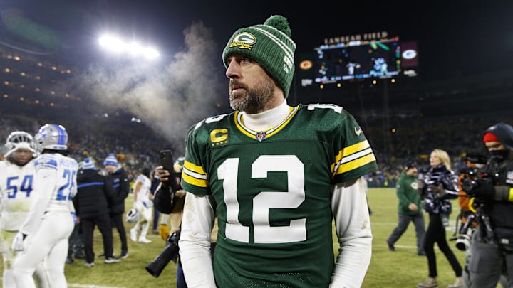 Aaron Rodgers walks off the field after the Packers' season-ending loss to the Lions in 2022. It was his final game with Green Bay. Aaron Rodgers walks off the field after the Packers' season-ending loss to the Lions in 2022. It was his final game with Green Bay.