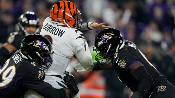 Nov 16, 2023; Baltimore, Maryland, USA; Cincinnati Bengals quarterback Joe Burrow (9) is pulled down