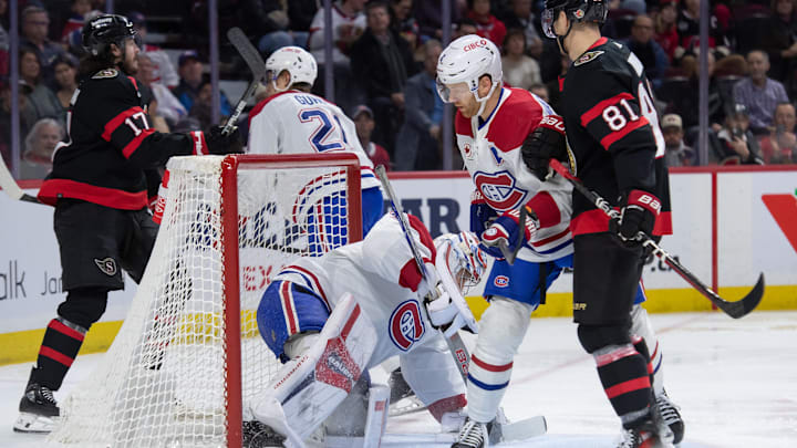 Jan 18, 2024; Ottawa, Ontario, CAN; Montreal Canadiens goalie Cayden Primeau (30) makes a a save in