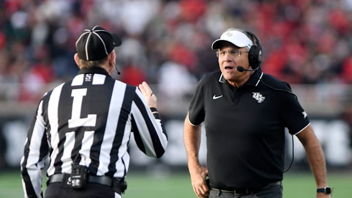 UCF's head coach Gus Malzahn looks at a referee during the Big 12 football game against Texas Tech, Saturday, Nov. 18, 2023, at Jones AT&T Stadium.
