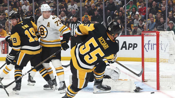 Mar 8, 2026; Pittsburgh, Pennsylvania, USA; Boston Bruins goaltender Joonas Korpisalo (hidden makes a save against Pittsburgh Penguins center Noel Acciari (55) during the first period at PPG Paints Arena. Mandatory Credit: Charles LeClaire-Imagn Images Mar 8, 2026; Pittsburgh, Pennsylvania, USA; Boston Bruins goaltender Joonas Korpisalo (hidden makes a save against Pittsburgh Penguins center Noel Acciari (55) during the first period at PPG Paints Arena. Mandatory Credit: Charles LeClaire-Imagn Images