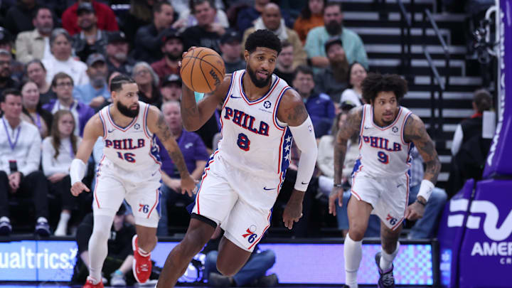 Dec 28, 2024; Salt Lake City, Utah, USA; Philadelphia 76ers forward Paul George (8) brings the ball up the court against the Utah Jazz during the second quarter at Delta Center. Mandatory Credit: Rob Gray-Imagn Images