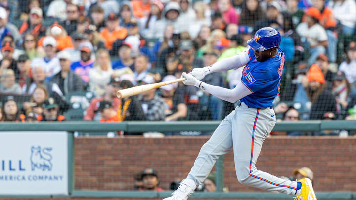 Jul 27, 2025; San Francisco, California, USA; New York Mets third baseman Ronny Mauricio (10) hits a solo home run during the seventh inning San Francisco Giants at Oracle Park. Mandatory Credit: Bob Kupbens-Imagn Images Jul 27, 2025; San Francisco, California, USA; New York Mets third baseman Ronny Mauricio (10) hits a solo home run during the seventh inning San Francisco Giants at Oracle Park. Mandatory Credit: Bob Kupbens-Imagn Images