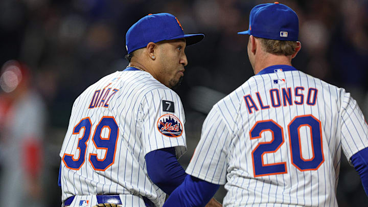 Apr 17, 2025; New York City, New York, USA; New York Mets first baseman Pete Alonso (20) celebrates with relief pitcher Edwin Diaz (39) after defeating the St. Louis Cardinals at Citi Field. Mandatory Credit: Vincent Carchietta-Imagn Images