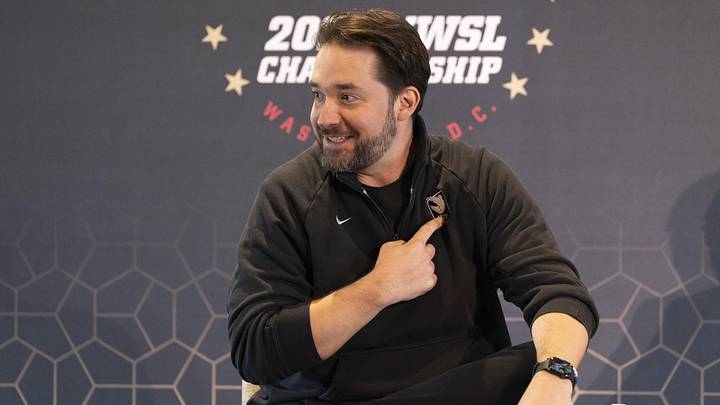Oct 28, 2022; Washington, D.C., USA; Lead founding investor in Angel City FC Alexis Ohanian points to the team crest on his jacket as he participates in a panel discussion at the NWSL Score More for Title IX Oct 28, 2022; Washington, D.C., USA; Lead founding investor in Angel City FC Alexis Ohanian points to the team crest on his jacket as he participates in a panel discussion at the NWSL Score More for Title IX