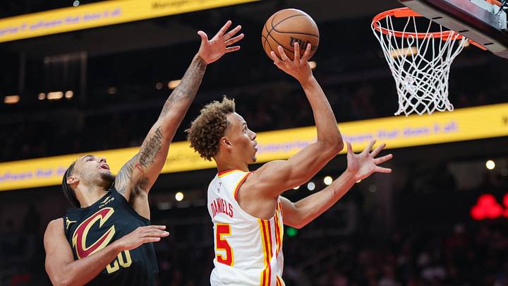 Oct 29, 2026; Atlanta, Georgia, USA; Atlanta Hawks guard Dyson Daniels (5) shoots past Cleveland Cavaliers guard Jaylon Tyson (20) in the second quarter at State Farm Arena. Mandatory Credit: Brett Davis-Imagn Images Oct 29, 2026; Atlanta, Georgia, USA; Atlanta Hawks guard Dyson Daniels (5) shoots past Cleveland Cavaliers guard Jaylon Tyson (20) in the second quarter at State Farm Arena. Mandatory Credit: Brett Davis-Imagn Images