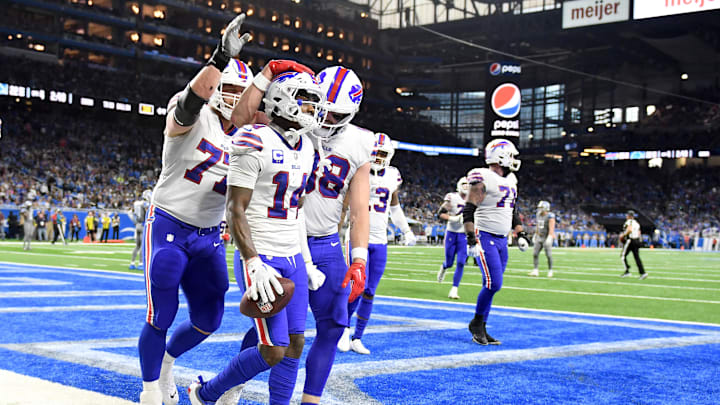 Nov 24, 2022; Detroit, Michigan, USA;  Buffalo Bills wide receiver Stefon Diggs (14) celebrates with