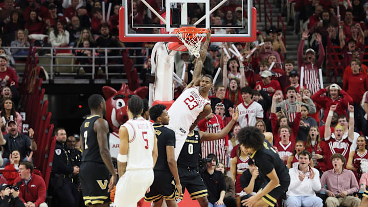 Jan 20, 2026; Fayetteville, Arkansas, USA; Arkansas Razorbacks forward Nick Pringle (23) dunks the ball during the second half against the Vanderbilt Commodores at Bud Walton Arena. Arkansas won 93-68. Mandatory Credit: Nelson Chenault-Imagn Images Jan 20, 2026; Fayetteville, Arkansas, USA; Arkansas Razorbacks forward Nick Pringle (23) dunks the ball during the second half against the Vanderbilt Commodores at Bud Walton Arena. Arkansas won 93-68. Mandatory Credit: Nelson Chenault-Imagn Images