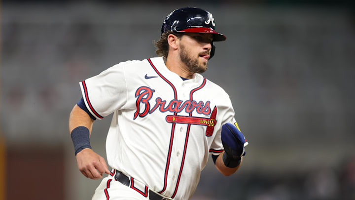 Apr 13, 2026; Atlanta, Georgia, USA; Atlanta Braves third baseman Austin Riley (27) runs to third against the Miami Marlins in the fourth inning at Truist Park. Mandatory Credit: Brett Davis-Imagn Images
