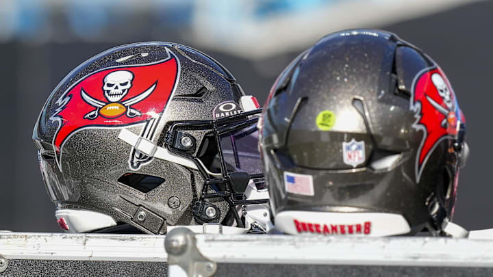 Tampa Bay Buccaneers helmets during pregame warm-ups against the Carolina Panthers.