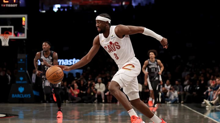 Dec 16, 2024; Brooklyn, New York, USA; Cleveland Cavaliers guard Caris LeVert (3) drives to the basket against the Brooklyn Nets during the first quarter at Barclays Center. Mandatory Credit: Brad Penner-Imagn Images