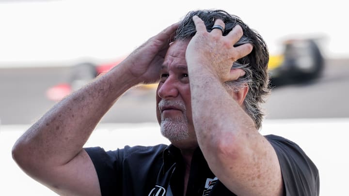 Michael Andretti stands by his team's pit box Thursday, May 16, 2024, during the third day of practice ahead of the 108th running of the Indianapolis 500 at Indianapolis Motor Speedway. Michael Andretti stands by his team's pit box Thursday, May 16, 2024, during the third day of practice ahead of the 108th running of the Indianapolis 500 at Indianapolis Motor Speedway.