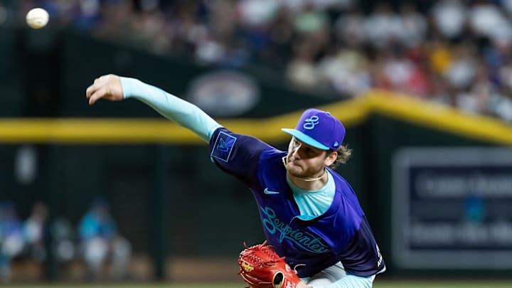 Jun 13, 2025; Phoenix, Arizona, USA; Arizona Diamondbacks pitcher Ryne Nelson in the first inning against the San Diego Padres at Chase Field. Mandatory Credit: Mark J. Rebilas-Imagn Images Jun 13, 2025; Phoenix, Arizona, USA; Arizona Diamondbacks pitcher Ryne Nelson in the first inning against the San Diego Padres at Chase Field. Mandatory Credit: Mark J. Rebilas-Imagn Images
