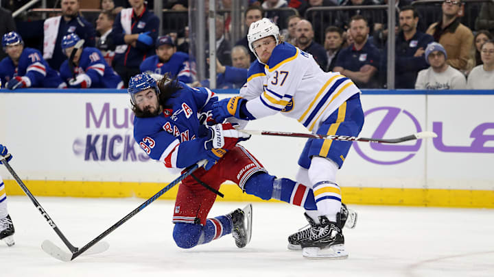 Nov 27, 2023; New York, New York, USA; New York Rangers center Mika Zibanejad (93) takes a shot as