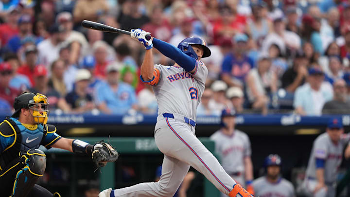 Jun 20, 2025; Philadelphia, Pennsylvania, USA; New York Mets outfielder Jared Young (29) hits a single against the Philadelphia Phillies in the second inning at Citizens Bank Park. Mandatory Credit: Kyle Ross-Imagn Images Jun 20, 2025; Philadelphia, Pennsylvania, USA; New York Mets outfielder Jared Young (29) hits a single against the Philadelphia Phillies in the second inning at Citizens Bank Park. Mandatory Credit: Kyle Ross-Imagn Images