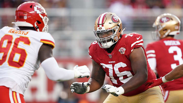 Aug 14, 2021; Santa Clara, California, USA; San Francisco 49ers offensive tackle Jaylon Moore (76) blocks Kansas City Chiefs defensive end Demone Harris (96) during the third quarter at Levi's Stadium. Mandatory Credit: Darren Yamashita-Imagn Images