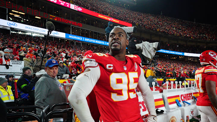 Jan 26, 2025; Kansas City, MO, USA; Kansas City Chiefs defensive tackle Chris Jones (95) reacts after the AFC Championship game against the Buffalo Bills at GEHA Field at Arrowhead Stadium. Mandatory Credit: Denny Medley-Imagn Images