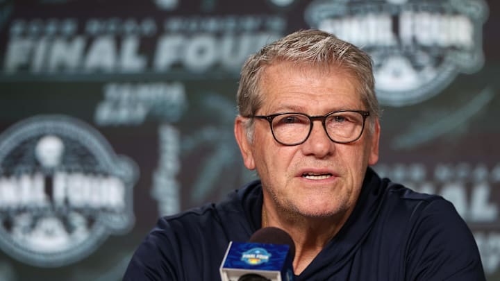 Apr 5, 2025; Tampa, FL, USA; UConn Huskies head coach Geno Auriemma talks to media before the NCAA Woman’s Final practice at Amalie Arena. Mandatory Credit: Nathan Ray Seebeck-Imagn Images
