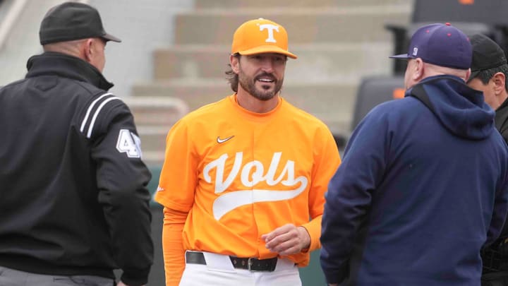 Tennessee head coach Tony Vitello speaks to officials at a Tennessee baseball game against Samford, in Lindsey Nelson Stadium at University of Tennessee in Knoxville, Tenn., Saturday, Feb. 22, 2025.