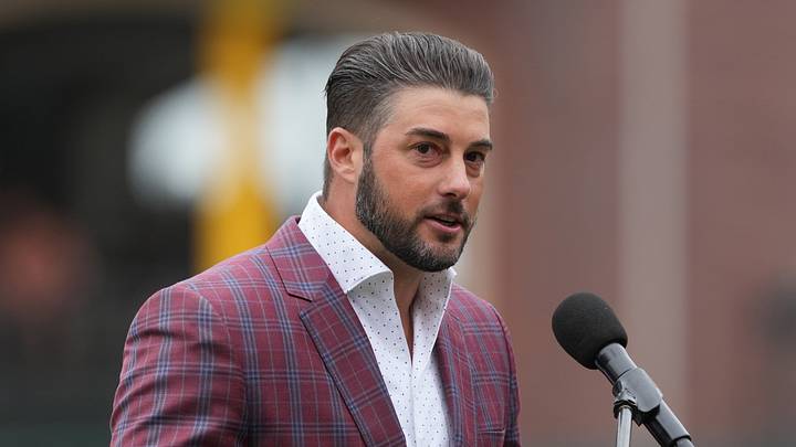 San Francisco, California, USA; San Francisco Giants former pitcher George Kontos speaks before the game against the Miami Marlins at Oracle Park. Mandatory Credit: Darren Yamashita-Imagn Images