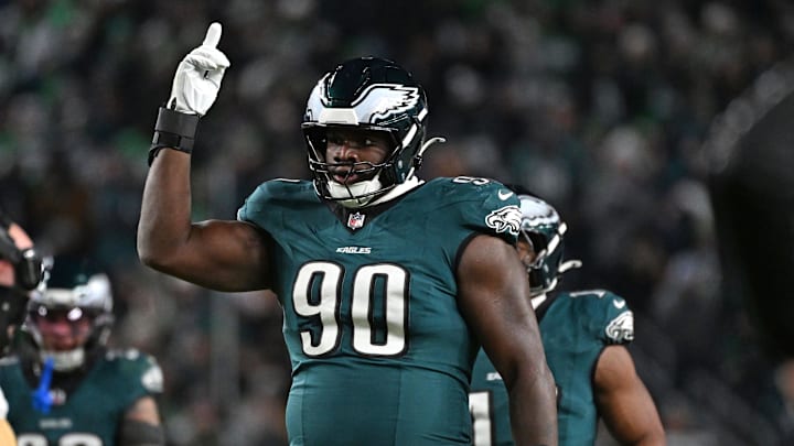 Jan 11, 2026; Philadelphia, PA, USA; Philadelphia Eagles defensive tackle Jordan Davis (90) against the San Francisco 49ers  in an NFC Wild Card Round game at Lincoln Financial Field. Mandatory Credit: Eric Hartline-Imagn Images