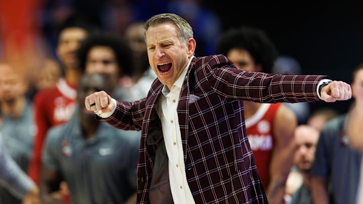 Jan 18, 2025; Lexington, Kentucky, USA; Alabama Crimson Tide head coach Nate Oats celebrates during the second half against the Kentucky Wildcats at Rupp Arena at Central Bank Center. Mandatory Credit: Jordan Prather-Imagn Images