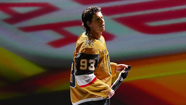 Apr 15, 2026; Las Vegas, Nevada, USA; Vegas Golden Knights right wing Mitch Marner (93) was named Third Star of the Game after the Golden Knights defeated the Seattle Kraken 4-1 at T-Mobile Arena. Mandatory Credit: Stephen R. Sylvanie-Imagn Images