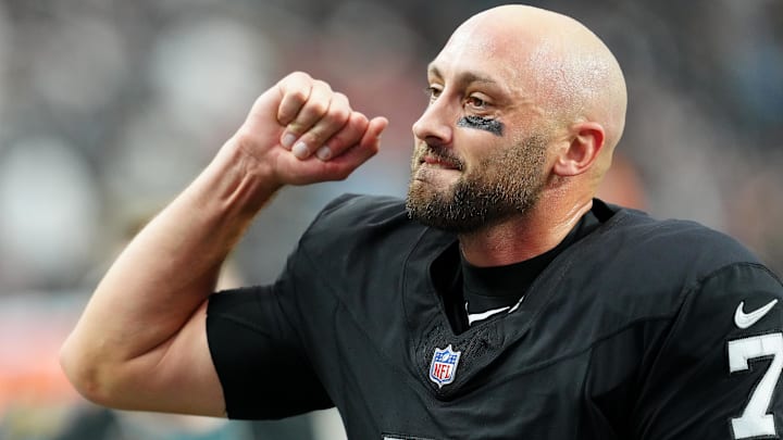Oct 15, 2023; Paradise, Nevada, USA; Las Vegas Raiders quarterback Brian Hoyer (7) pumps his fist after the Raiders defeated the New England Patriots 21-17 at Allegiant Stadium. Mandatory Credit: Stephen R. Sylvanie-Imagn Images