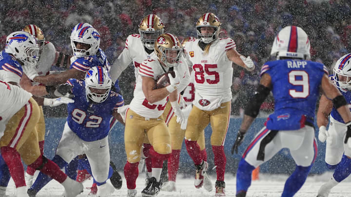 San Francisco 49ers running back Christian McCaffrey runs with the ball against the Buffalo Bills