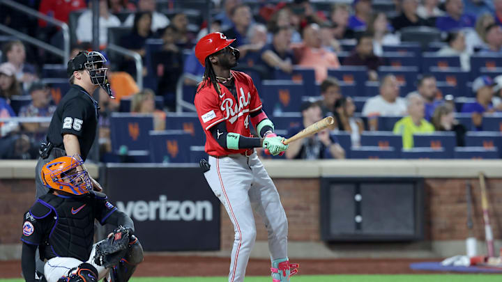 Sep 6, 2024; New York City, New York, USA; Cincinnati Reds shortstop Elly De La Cruz (44) watches his two run home run against the New York Mets during the fourth inning at Citi Field. Mandatory Credit: Brad Penner-Imagn Images