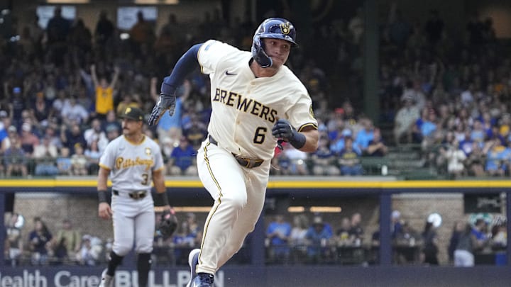 Aug 13, 2025; Milwaukee, Wisconsin, USA; Milwaukee Brewers outfielder Isaac Collins (6) runs to third base against the Pittsburgh Pirates win the fourth inning at American Family Field. Mandatory Credit: Michael McLoone-Imagn Images Aug 13, 2025; Milwaukee, Wisconsin, USA; Milwaukee Brewers outfielder Isaac Collins (6) runs to third base against the Pittsburgh Pirates win the fourth inning at American Family Field. Mandatory Credit: Michael McLoone-Imagn Images