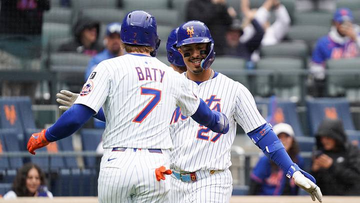 May 28, 2025; New York, New York, USA; New York Mets third baseman Mark Vientos (27) celebrates with New York Mets third baseman Brett Baty (7) after hitting a home run during the third inning against the Chicago White Sox at Citi Field. Mandatory Credit: Lucas Boland-Imagn Images May 28, 2025; New York, New York, USA; New York Mets third baseman Mark Vientos (27) celebrates with New York Mets third baseman Brett Baty (7) after hitting a home run during the third inning against the Chicago White Sox at Citi Field. Mandatory Credit: Lucas Boland-Imagn Images