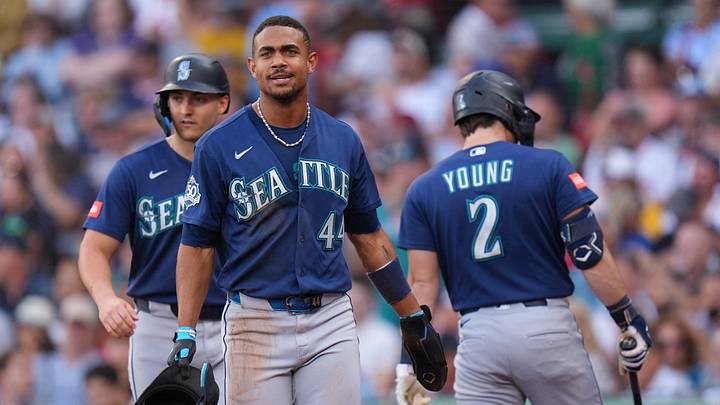 Sep 2, 2026; Boston, Massachusetts, USA; Seattle Mariners center fielder Julio Rodríguez (44) and designated hitter Dominic Canzone (8) score against the Boston Red Sox in the third inning at Fenway Park. Mandatory Credit: David Butler II-Imagn Images Sep 2, 2026; Boston, Massachusetts, USA; Seattle Mariners center fielder Julio Rodríguez (44) and designated hitter Dominic Canzone (8) score against the Boston Red Sox in the third inning at Fenway Park. Mandatory Credit: David Butler II-Imagn Images
