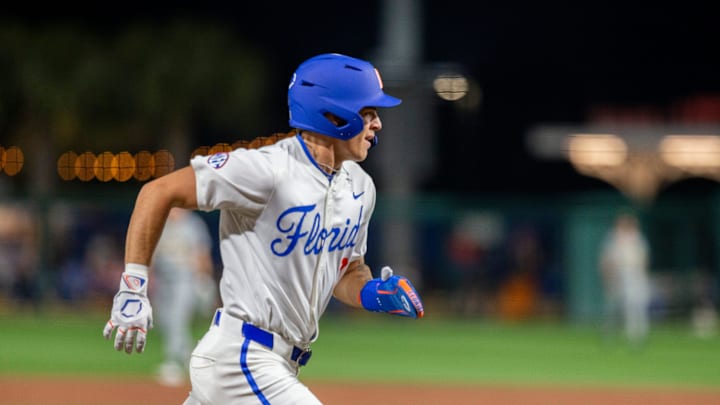 Florida's outfielder Kyle Jones (3) scores a run for the Gators on Opening Day against UAB, Friday, February 13, 2026, at Condron Family Ballpark in Gainesville, Florida. The Gators lost Game 1 to the Blazers 9-7. 
[Cyndi Chambers/ Gainesville Sun] 2026