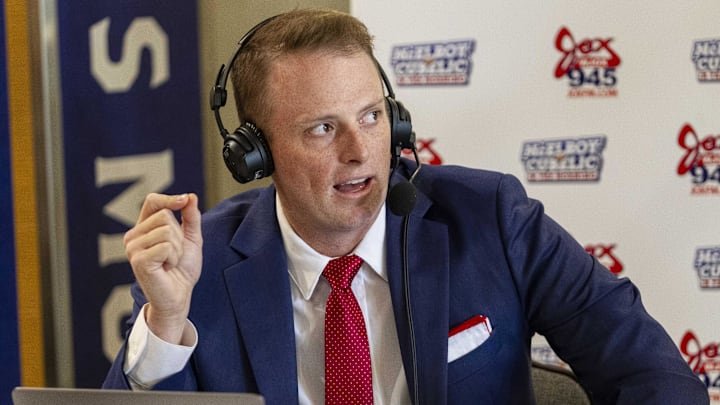 Jul 19, 2021; Hoover, Alabama, USA; SEC Network personality Greg McElroy visits Radio Row during SEC Media Days at Hyatt Regency Birmingham. Mandatory Credit: Vasha Hunt-Imagn Images