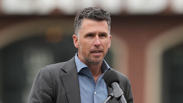 Apr 25, 2026; San Francisco, California, USA; San Francisco Giants president of baseball operations Buster Posey speaks before the game against the Miami Marlins at Oracle Park. Mandatory Credit: Darren Yamashita-Imagn Images
