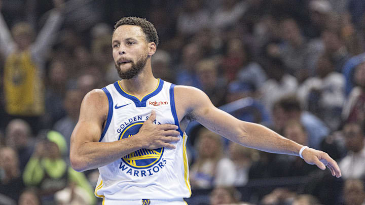 Nov 3, 2023; Oklahoma City, Oklahoma, USA; Golden State Warriors guard Stephen Curry (30) celebrates