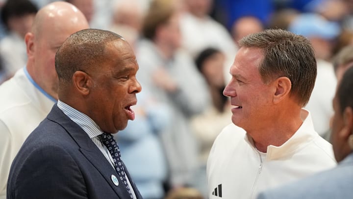 Nov 7, 2025; Chapel Hill, North Carolina, USA; North Carolina Tar Heels head coach Hubert Davis with Kansas Jayhawks head coach Bill Self before the game at Dean E. Smith Center. 