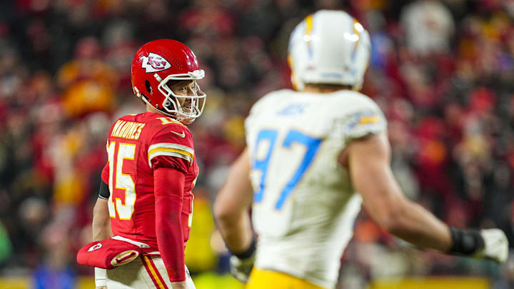 Dec 8, 2024; Kansas City, Missouri, USA; Kansas City Chiefs quarterback Patrick Mahomes (15) reacts after a first down during the second half against the Los Angeles Chargers at GEHA Field at Arrowhead Stadium. Mandatory Credit: Jay Biggerstaff-Imagn Images Dec 8, 2024; Kansas City, Missouri, USA; Kansas City Chiefs quarterback Patrick Mahomes (15) reacts after a first down during the second half against the Los Angeles Chargers at GEHA Field at Arrowhead Stadium. Mandatory Credit: Jay Biggerstaff-Imagn Images