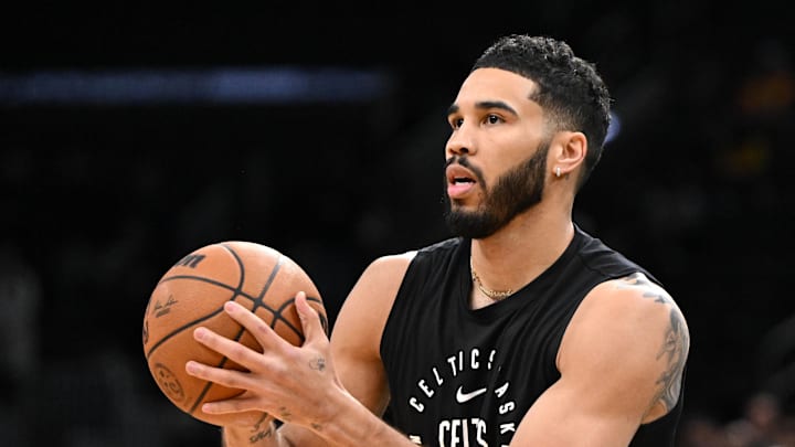 Mar 8, 2025; Boston, Massachusetts, USA; Boston Celtics forward Jayson Tatum (0) takes a shot during warmups before a game against the Los Angeles Lakers at the TD Garden. Mandatory Credit: Brian Fluharty-Imagn Images Mar 8, 2025; Boston, Massachusetts, USA; Boston Celtics forward Jayson Tatum (0) takes a shot during warmups before a game against the Los Angeles Lakers at the TD Garden. Mandatory Credit: Brian Fluharty-Imagn Images
