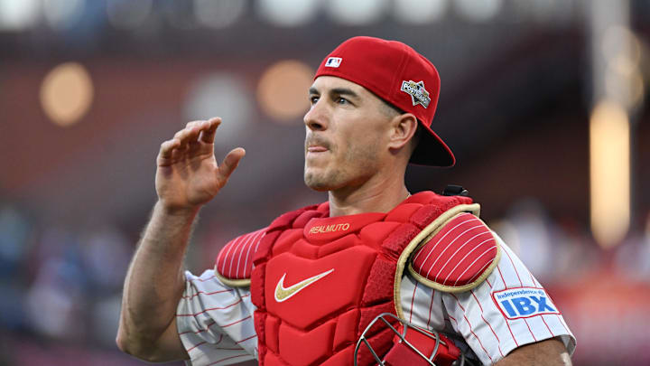 Oct 6, 2025; Philadelphia, Pennsylvania, USA; Philadelphia Phillies catcher J.T. Realmuto (10) walks to the dugout prior to game two of the NLDS round against the Los Angeles Dodgers for the 2025 MLB playoffs at Citizens Bank Park. Mandatory Credit: Eric Hartline-Imagn Images