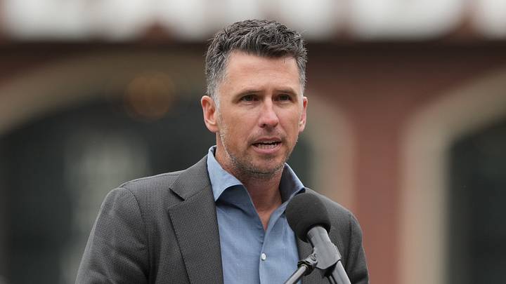 San Francisco, California, USA; San Francisco Giants president of baseball operations Buster Posey speaks before the game against the Miami Marlins at Oracle Park. Mandatory Credit: Darren Yamashita-Imagn Images