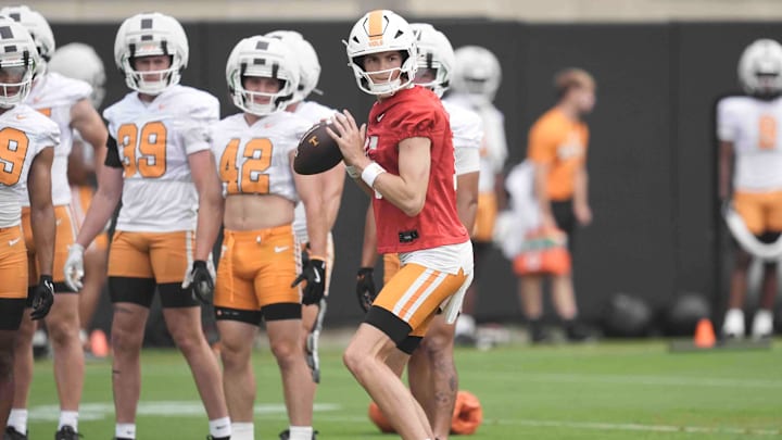 Tennessee quarterback George MacIntyre (15) during Tennessee football preseason practice, in Knoxville, Tennessee, July 31, 2025.
