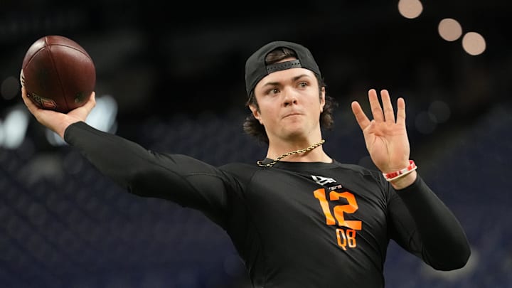 Feb 28, 2026; Indianapolis, IN, USA; Texas Tech quarterback Behren Morton (QB12) during the NFL Scouting Combine at Lucas Oil Stadium. Mandatory Credit: Kirby Lee-Imagn Images
