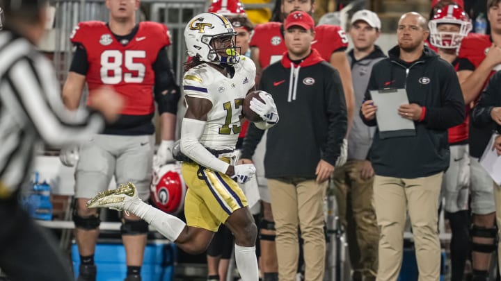 Nov 25, 2023; Atlanta, Georgia, USA; Georgia Tech Yellow Jackets wide receiver Eric Singleton Jr. (13) runs against the Georgia Bulldogs during the second half at Hyundai Field. Mandatory Credit: Dale Zanine-USA TODAY Sports